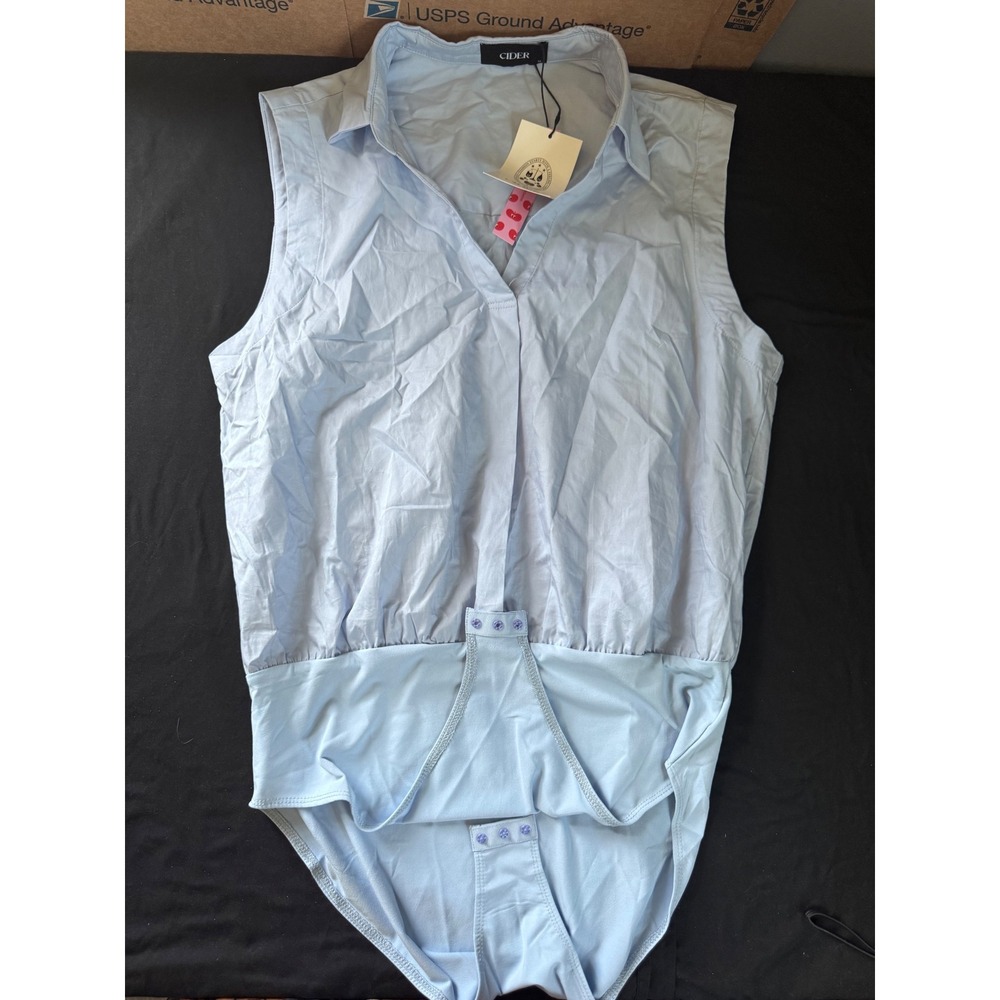 Cider Womens Light Blue Sleeveless Collared V-Neck Bodysuit XL